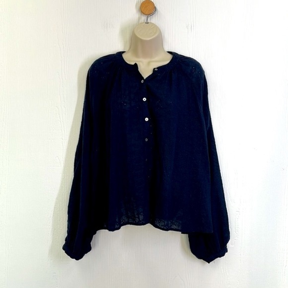 Free People - Down From The Clouds Eyelet Button Up Blouse Navy Blue Size Small - Picture 2 of 13